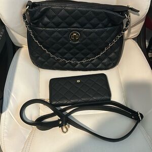 Gunas - black and gold handbag and wallet set. Vegan. Quilted design.